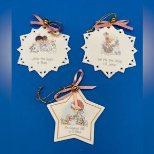 Vtg Precious Moments Bisque Porcelain Star Christmas Ornaments-3-Religious